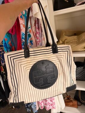 Tory Burch Black and Cream Striped Logo Tote with Leather Trim